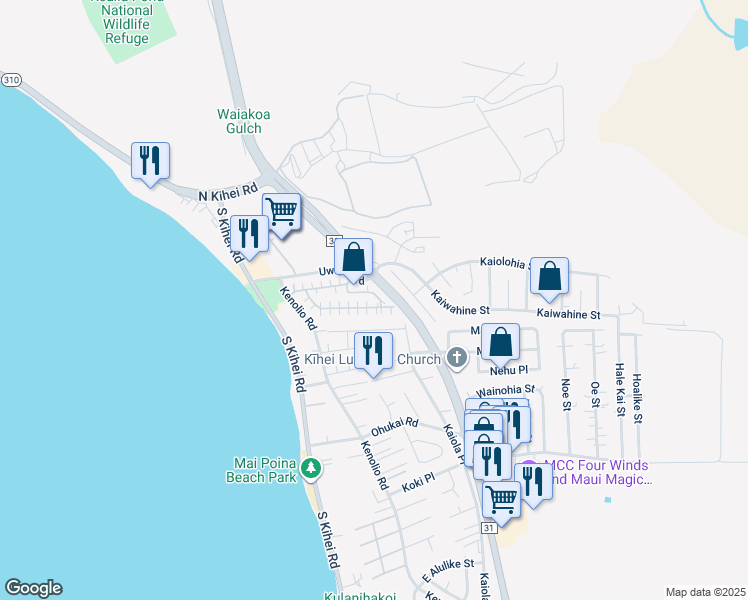 map of restaurants, bars, coffee shops, grocery stores, and more near 140 Uwapo Road in Kihei
