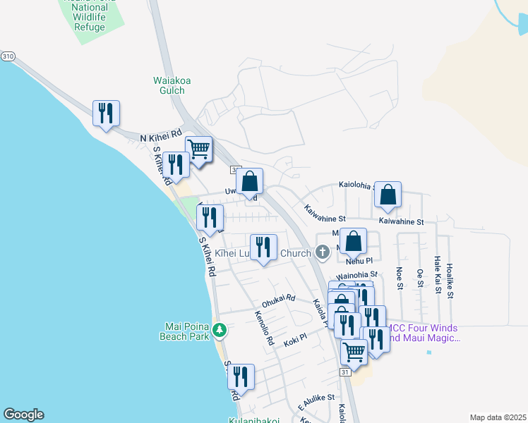 map of restaurants, bars, coffee shops, grocery stores, and more near 140 Uwapo Road in Kihei