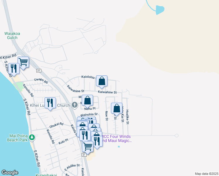 map of restaurants, bars, coffee shops, grocery stores, and more near 298 Uala Place in Kihei