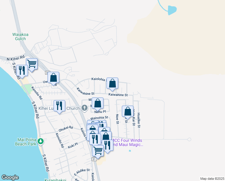 map of restaurants, bars, coffee shops, grocery stores, and more near 297 Kaipii Place in Kihei