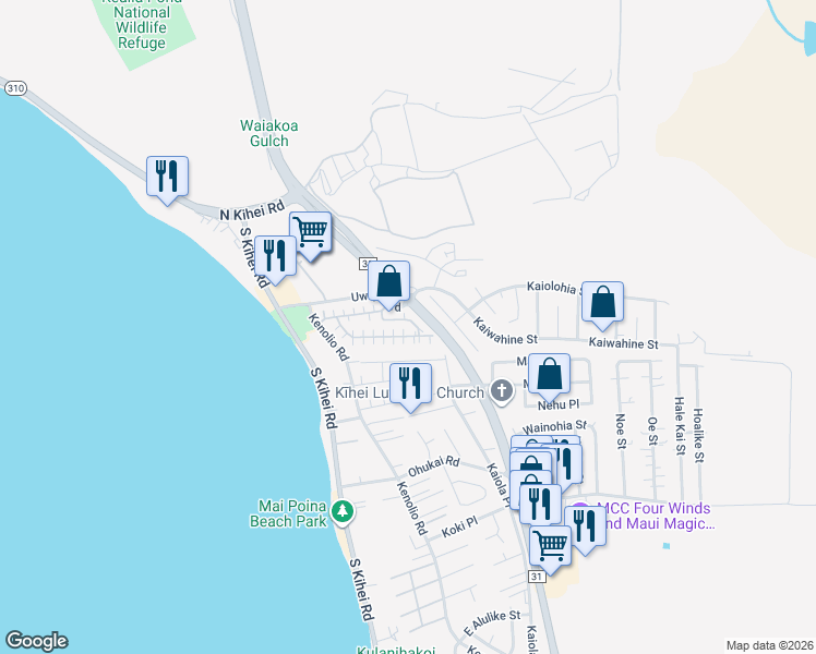 map of restaurants, bars, coffee shops, grocery stores, and more near 140 Uwapo Road in Kihei