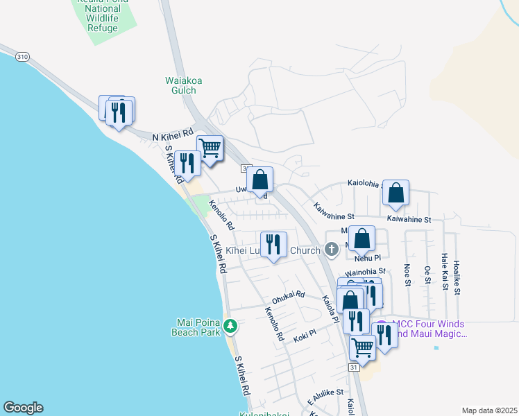 map of restaurants, bars, coffee shops, grocery stores, and more near 140 Uwapo Road in Kihei