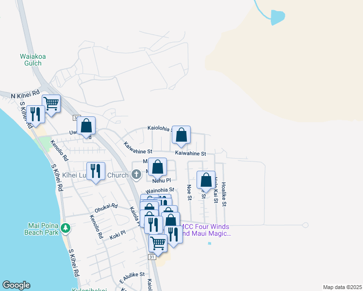 map of restaurants, bars, coffee shops, grocery stores, and more near 297 Kaipii Place in Kihei