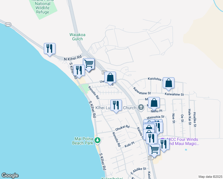 map of restaurants, bars, coffee shops, grocery stores, and more near 140 Uwapo Road in Kihei