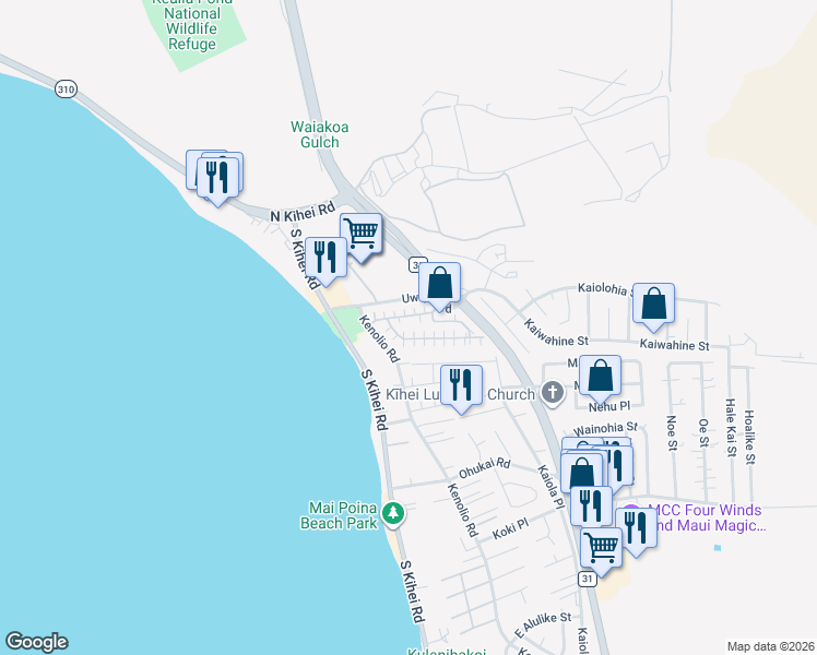 map of restaurants, bars, coffee shops, grocery stores, and more near 140 Uwapo Road in Kihei