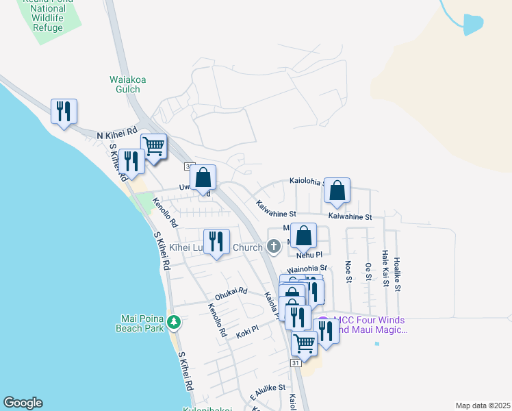 map of restaurants, bars, coffee shops, grocery stores, and more near 270 Kaiwahine Street in Kihei