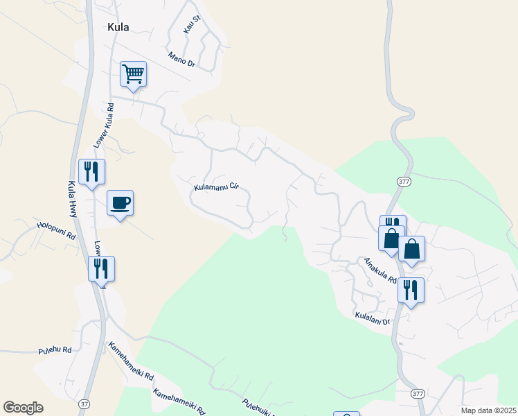 map of restaurants, bars, coffee shops, grocery stores, and more near 35 Leihulu Way in Kula