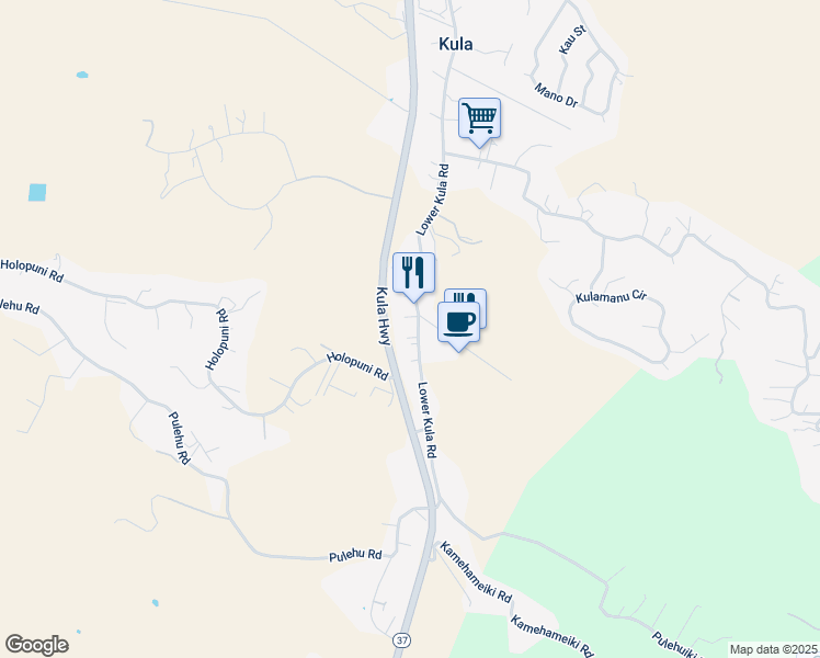 map of restaurants, bars, coffee shops, grocery stores, and more near 2820 Lower Kula Road in Kula
