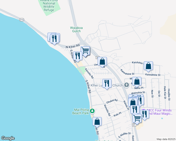 map of restaurants, bars, coffee shops, grocery stores, and more near 140 Uwapo Road in Kihei