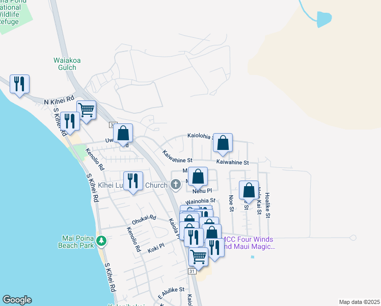 map of restaurants, bars, coffee shops, grocery stores, and more near 300 Kaikea Street in Kihei