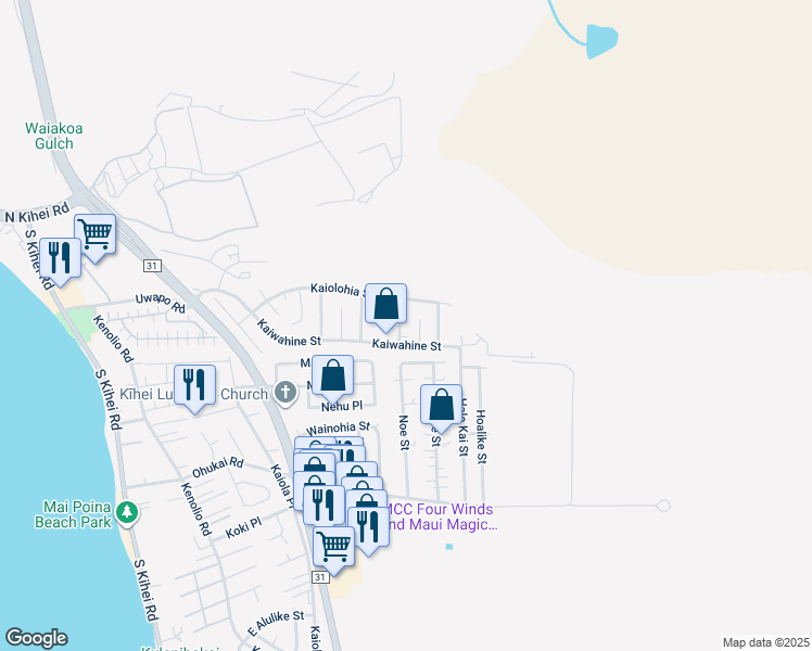 map of restaurants, bars, coffee shops, grocery stores, and more near 291 Ilikai Street in Kihei