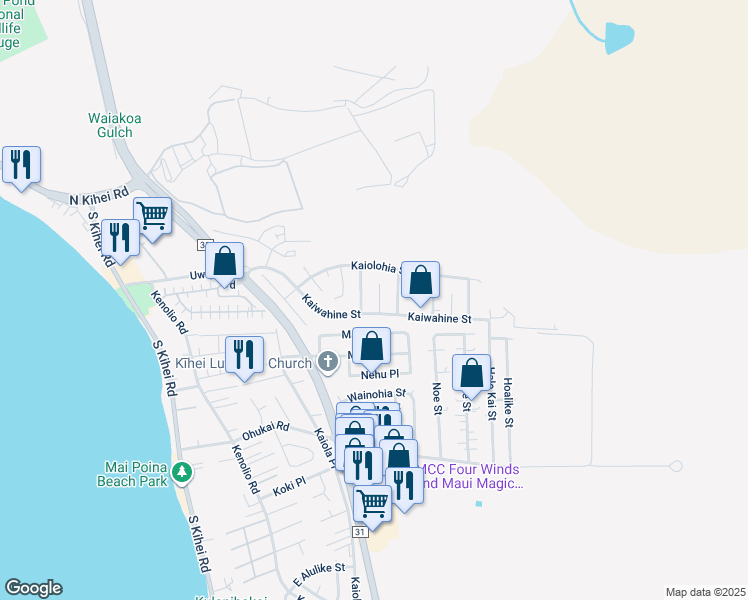 map of restaurants, bars, coffee shops, grocery stores, and more near 300 Lakau Place in Kihei