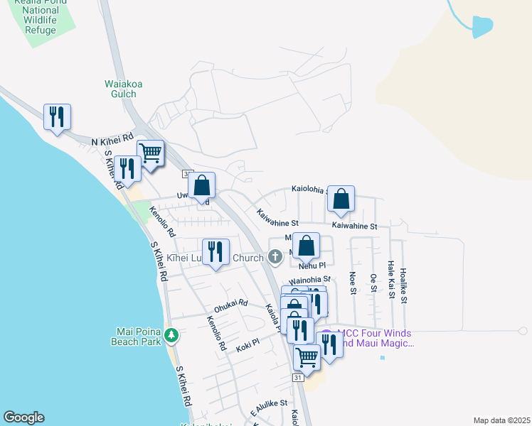 map of restaurants, bars, coffee shops, grocery stores, and more near 279 Kaiwahine Street in Kihei
