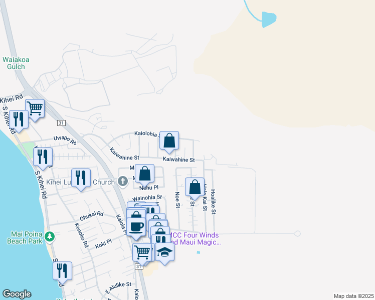 map of restaurants, bars, coffee shops, grocery stores, and more near 291 Uala Place in Kihei