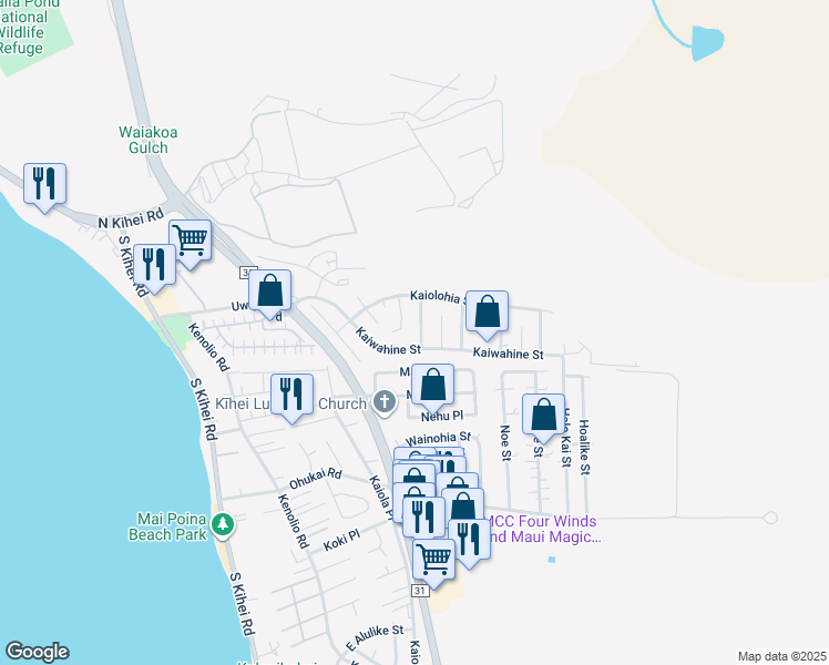 map of restaurants, bars, coffee shops, grocery stores, and more near 300 Kaikea Street in Kihei
