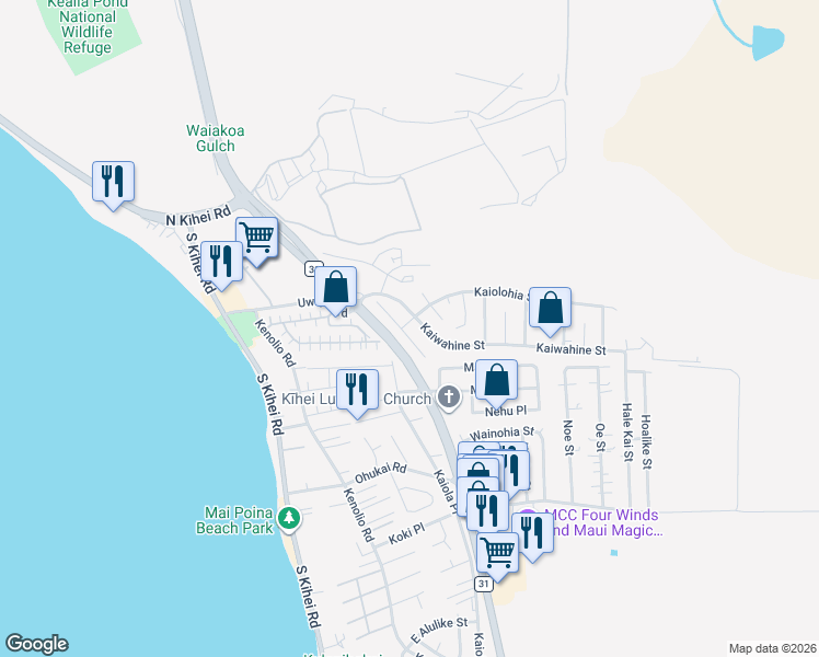 map of restaurants, bars, coffee shops, grocery stores, and more near 255 Humupea Street in Kihei