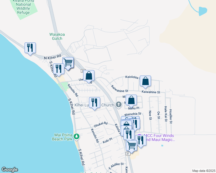 map of restaurants, bars, coffee shops, grocery stores, and more near 255 Humupea Street in Kihei