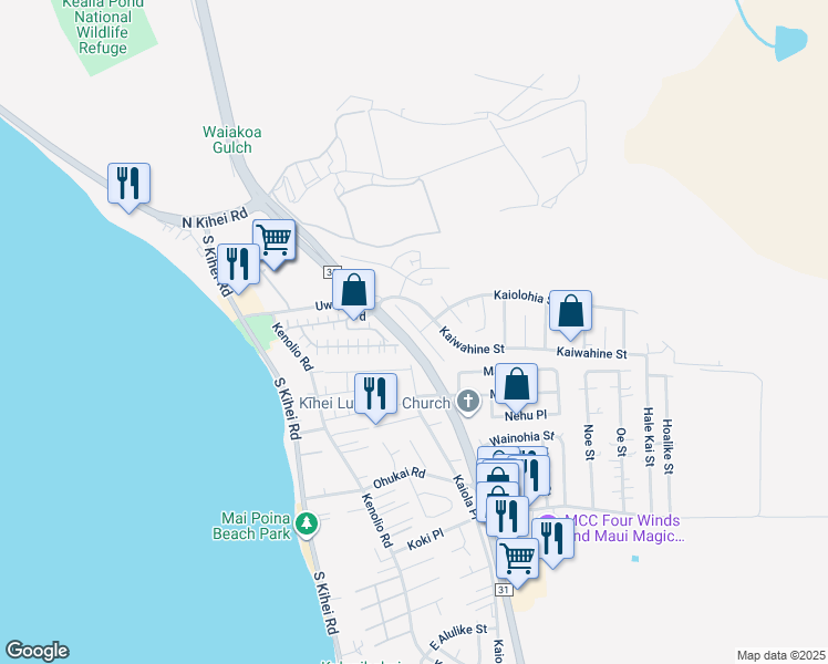map of restaurants, bars, coffee shops, grocery stores, and more near 244 Humupea Street in Kihei