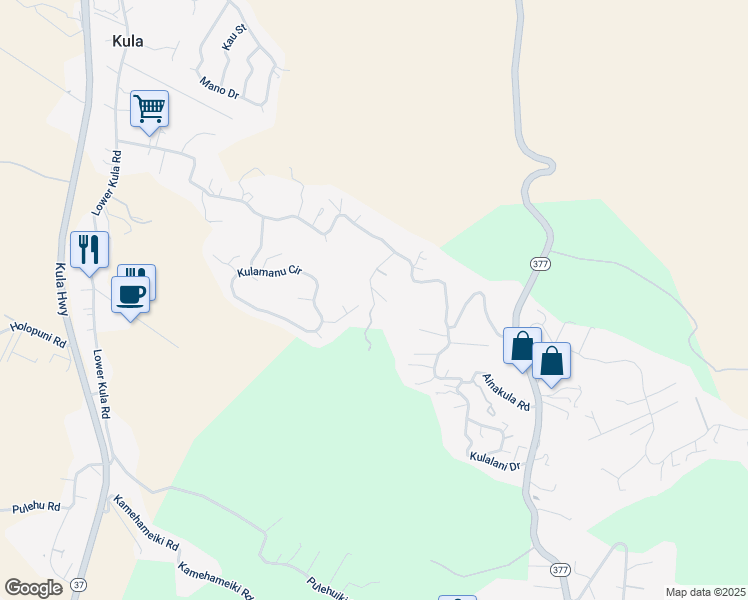 map of restaurants, bars, coffee shops, grocery stores, and more near Malanani Drive in Kula