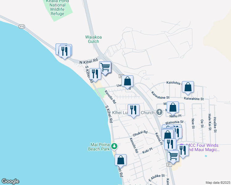 map of restaurants, bars, coffee shops, grocery stores, and more near 140 Uwapo Road in Kihei