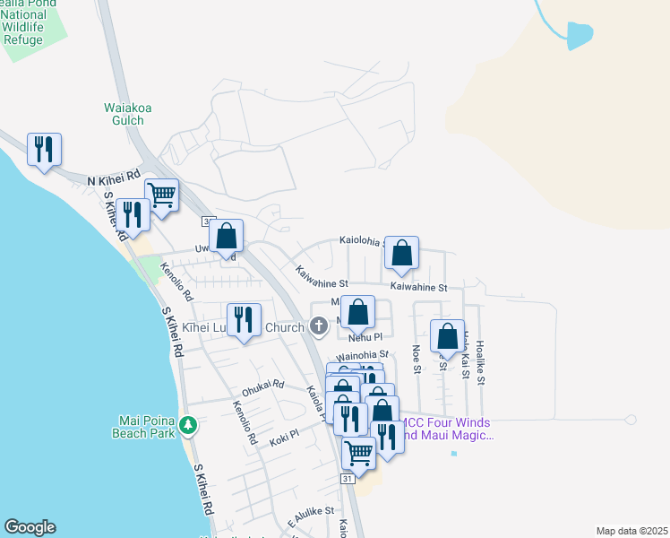 map of restaurants, bars, coffee shops, grocery stores, and more near 387 Ailana Place in Kihei
