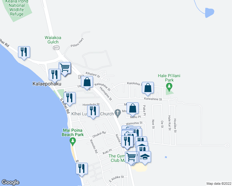 map of restaurants, bars, coffee shops, grocery stores, and more near 276 South Opio Place in Kihei