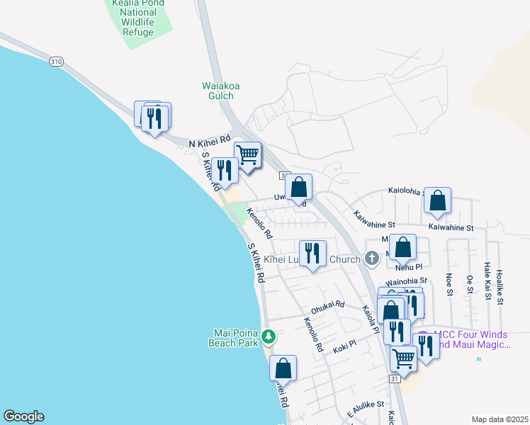 map of restaurants, bars, coffee shops, grocery stores, and more near 140 Uwapo Road in Kihei