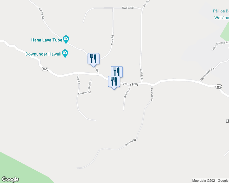 map of restaurants, bars, coffee shops, grocery stores, and more near 2910 Hana Highway in Hana