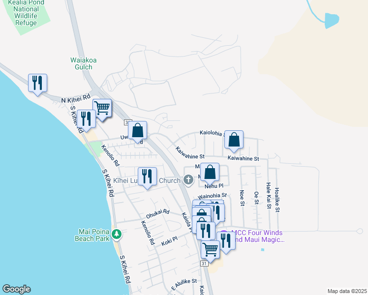map of restaurants, bars, coffee shops, grocery stores, and more near 276 South Opio Place in Kihei