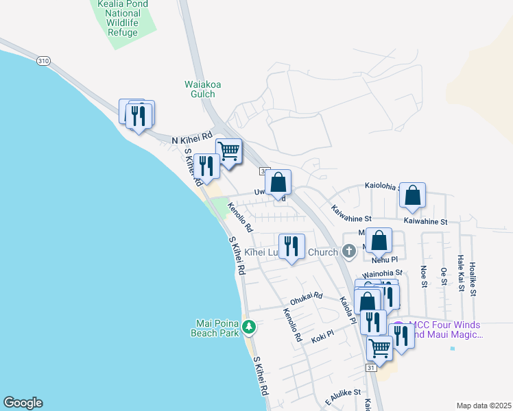 map of restaurants, bars, coffee shops, grocery stores, and more near 140 Uwapo Road in Kihei