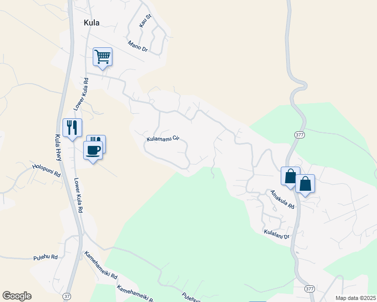 map of restaurants, bars, coffee shops, grocery stores, and more near 121 Kulamanu Circle in Kula