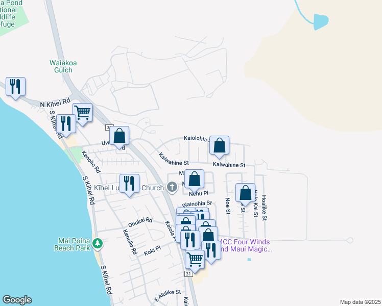 map of restaurants, bars, coffee shops, grocery stores, and more near 295 Kaikea Street in Kihei