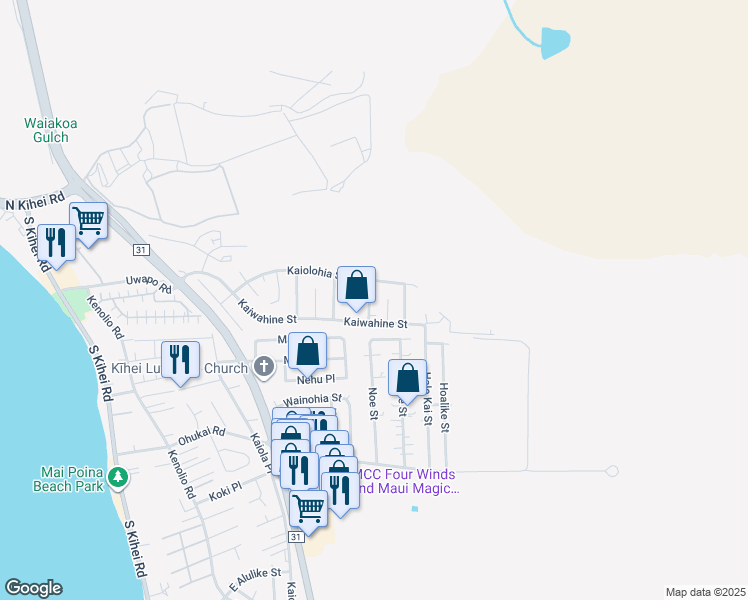 map of restaurants, bars, coffee shops, grocery stores, and more near 283 Ilikai Street in Kihei