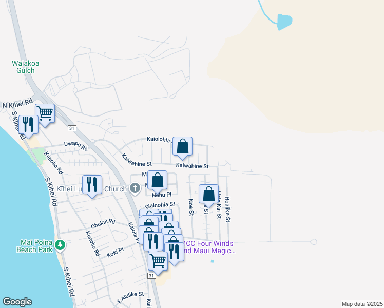 map of restaurants, bars, coffee shops, grocery stores, and more near 283 Ilikai Street in Kihei