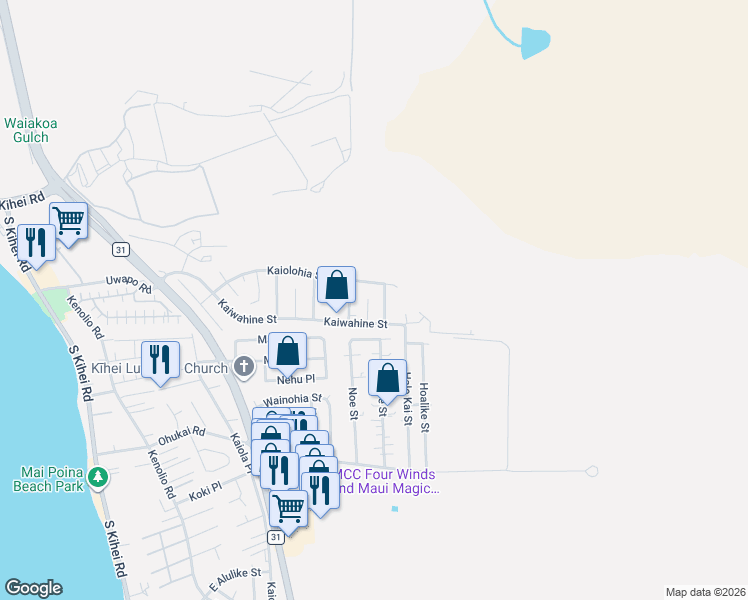 map of restaurants, bars, coffee shops, grocery stores, and more near 291 Uala Place in Kihei