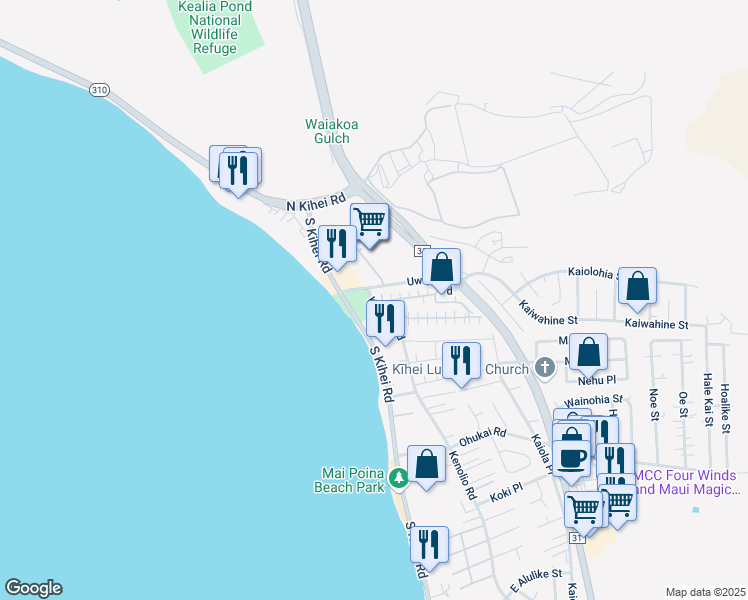 map of restaurants, bars, coffee shops, grocery stores, and more near 140 Uwapo Road in Kihei