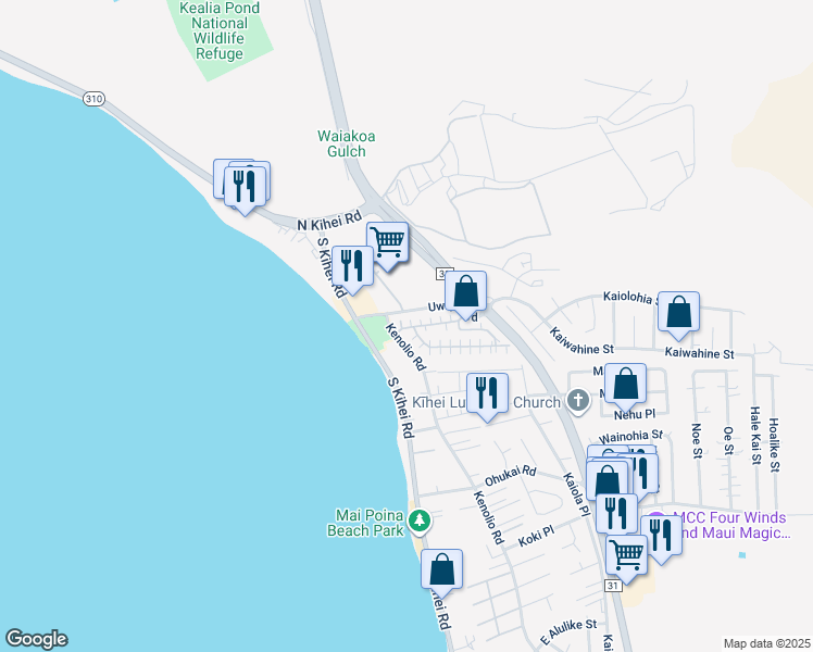 map of restaurants, bars, coffee shops, grocery stores, and more near 140 Uwapo Road in Kihei