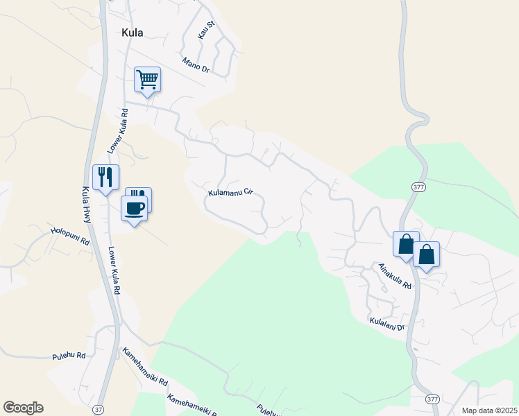 map of restaurants, bars, coffee shops, grocery stores, and more near 122 Kulamanu Circle in Kula
