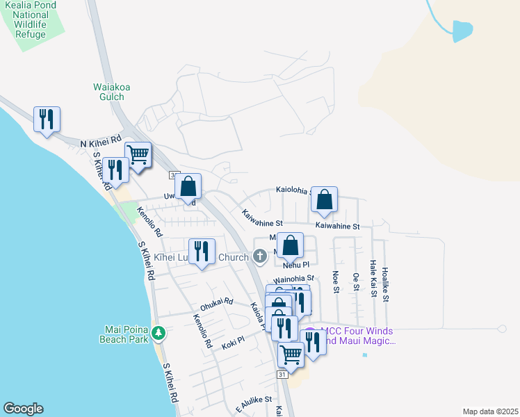 map of restaurants, bars, coffee shops, grocery stores, and more near 285 South Opio Place in Kihei