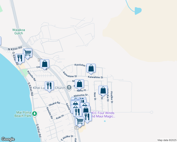 map of restaurants, bars, coffee shops, grocery stores, and more near 282 Kaipii Place in Kihei