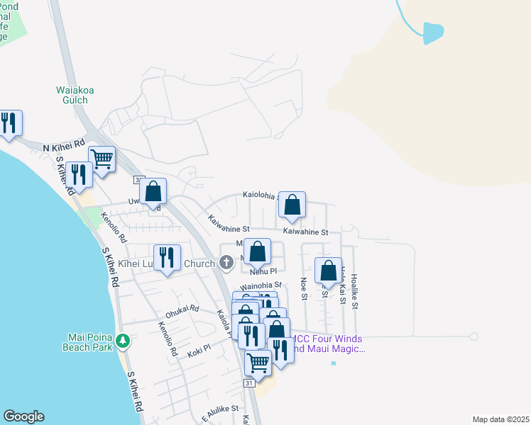 map of restaurants, bars, coffee shops, grocery stores, and more near 289 Lakau Place in Kihei