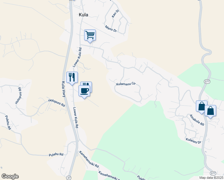 map of restaurants, bars, coffee shops, grocery stores, and more near 327 Kulamanu Circle in Kula