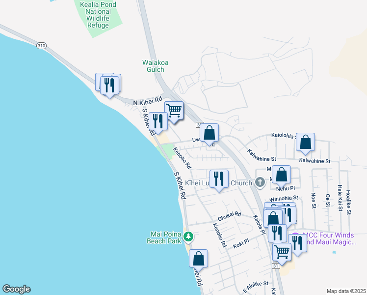 map of restaurants, bars, coffee shops, grocery stores, and more near 140 Uwapo Road in Kihei
