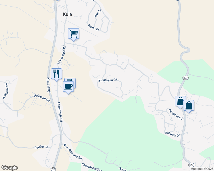 map of restaurants, bars, coffee shops, grocery stores, and more near 28 Kulamanu Circle in Kula