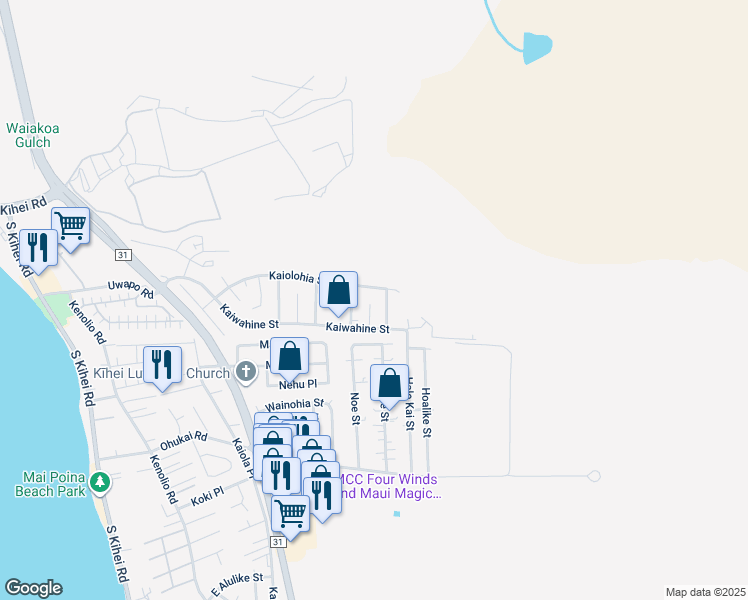 map of restaurants, bars, coffee shops, grocery stores, and more near 277 Uala Place in Kihei