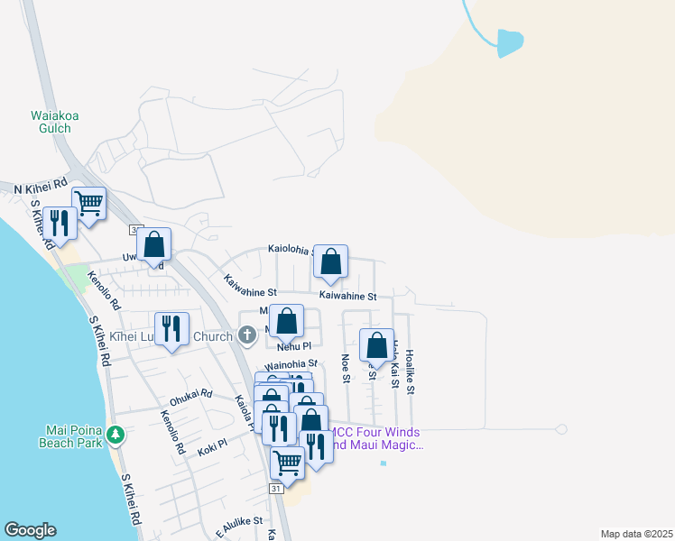 map of restaurants, bars, coffee shops, grocery stores, and more near 272 Ilikai Street in Kihei