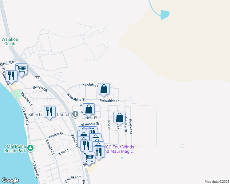 map of restaurants, bars, coffee shops, grocery stores, and more near 277 Uala Place in Kihei