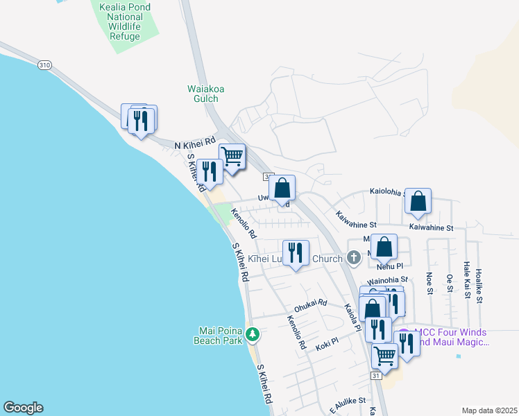map of restaurants, bars, coffee shops, grocery stores, and more near 140 Uwapo Road in Kihei
