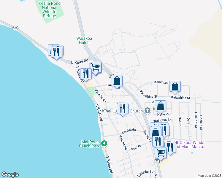map of restaurants, bars, coffee shops, grocery stores, and more near 140 Uwapo Road in Kihei