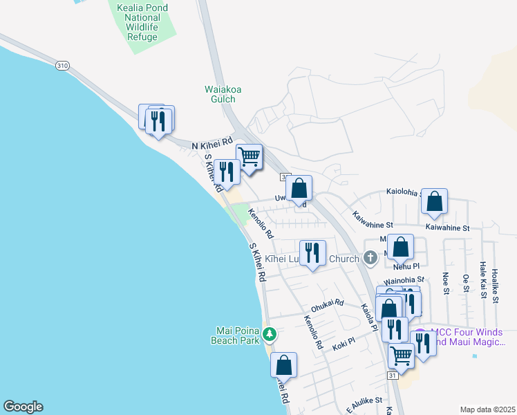 map of restaurants, bars, coffee shops, grocery stores, and more near 140 Uwapo Road in Kihei